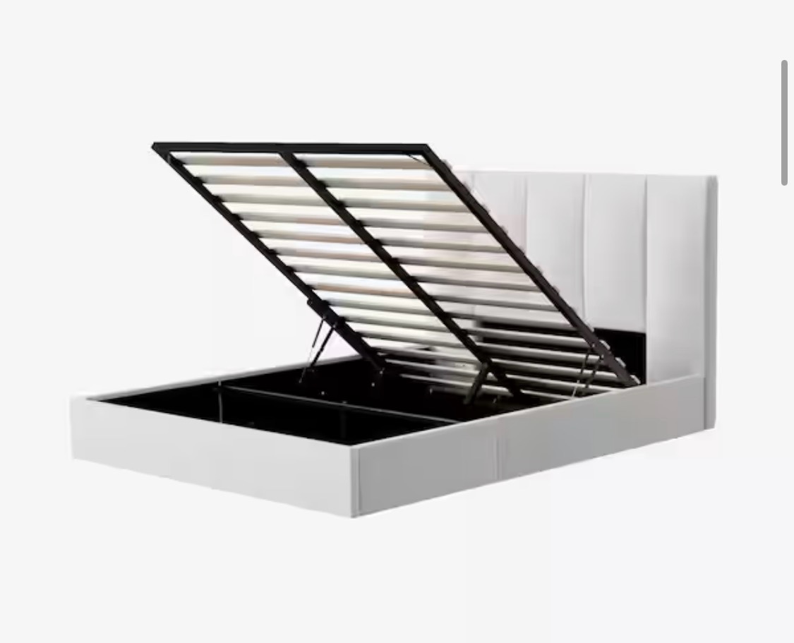 Condition photo showing New/Like New for white plywood frame queen size linen upholstered platform bed with lifting storage