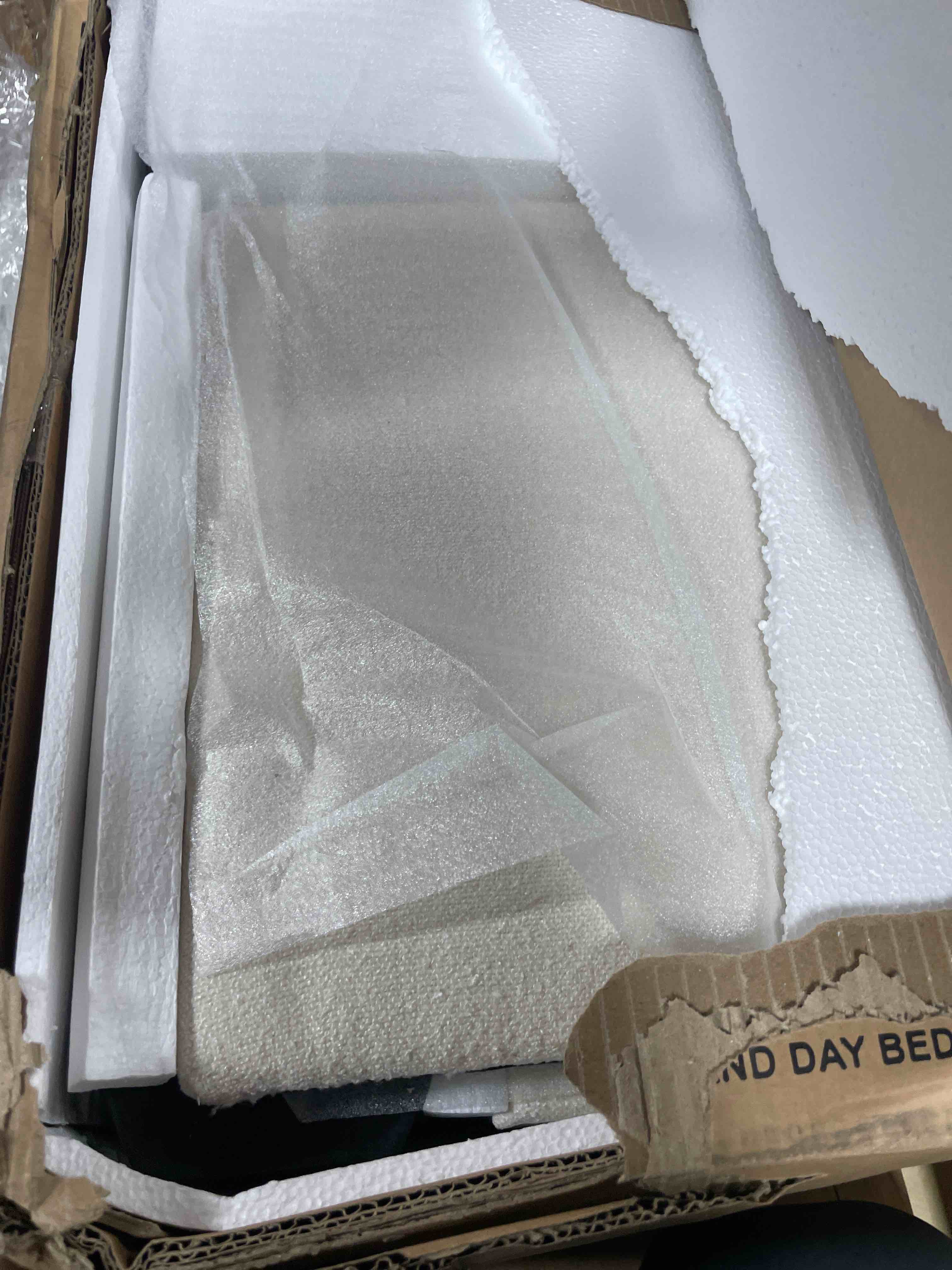 Condition photo showing New/Like New for max & lily upholstered twin bed frame with rectangular headboard, upholstered platform bed for kids, no box spring needed, easy assembly, cream