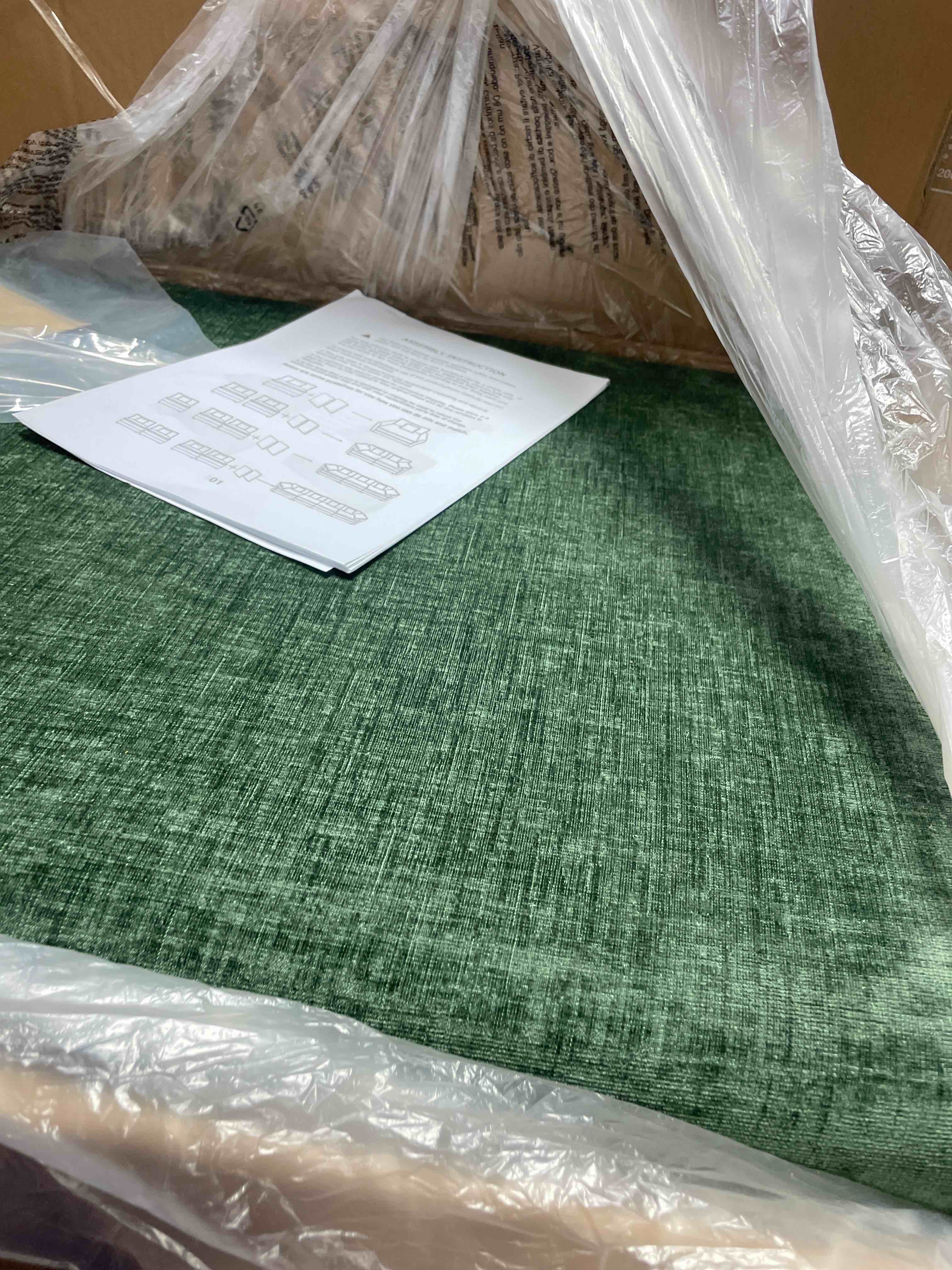 Condition photo showing Good Condition for grey 4 seater corduroy upholstered sectional sofa with pillows ( one in stock is green, incomplete arms only)