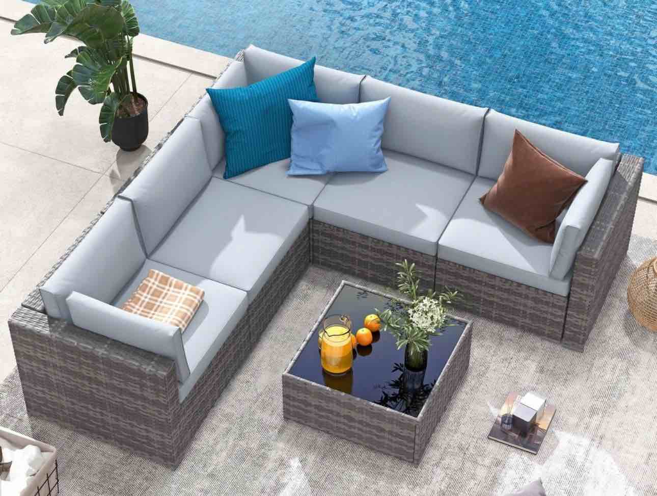 6-Piece Outdoor Wicker Sectional Sofa Set with Cushions ( INCOMPLETE BOX A ONLY)