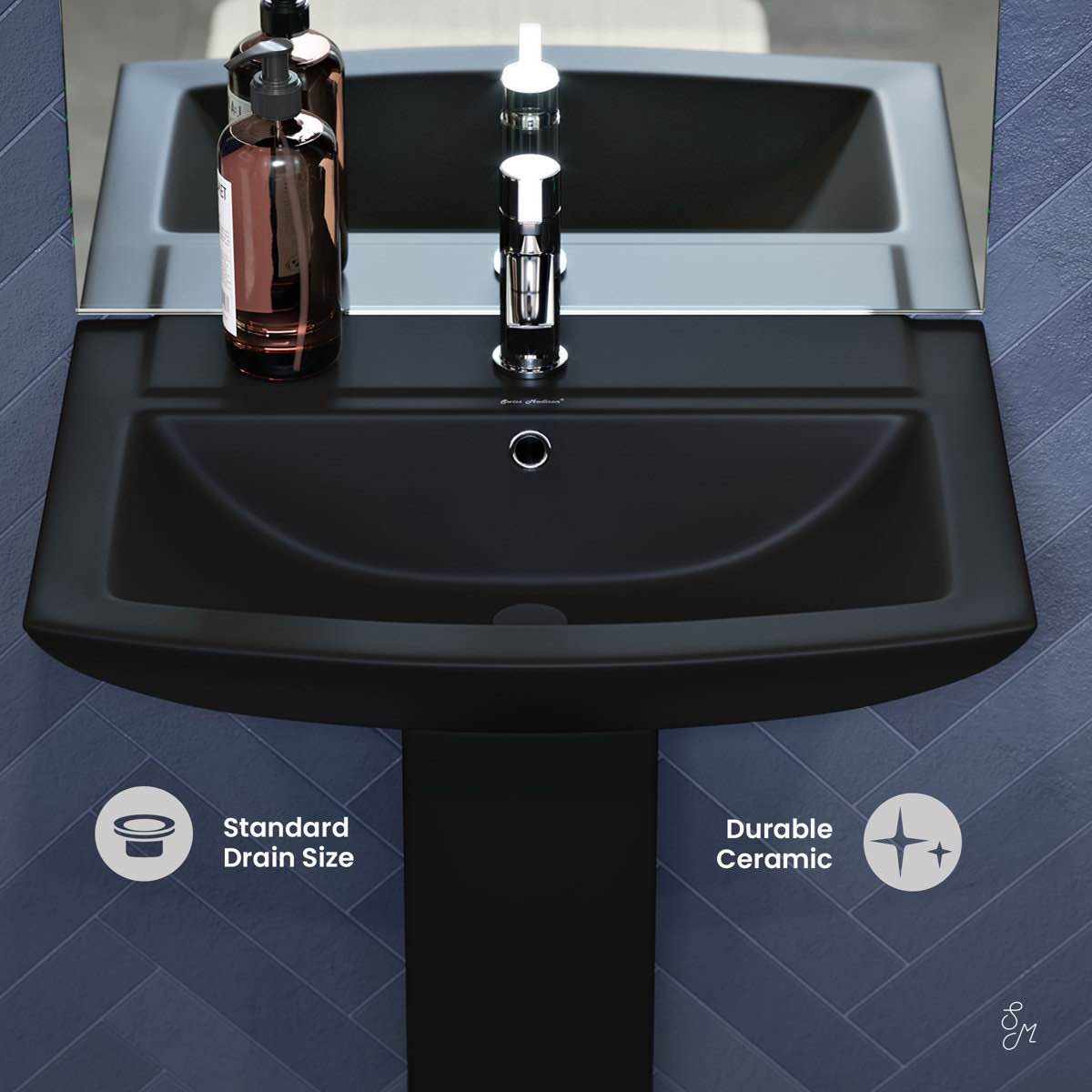 Condition photo showing Good Condition for sublime square two-piece pedestal sink in matte black sm-ps306mb by swiss madison (sink top only)