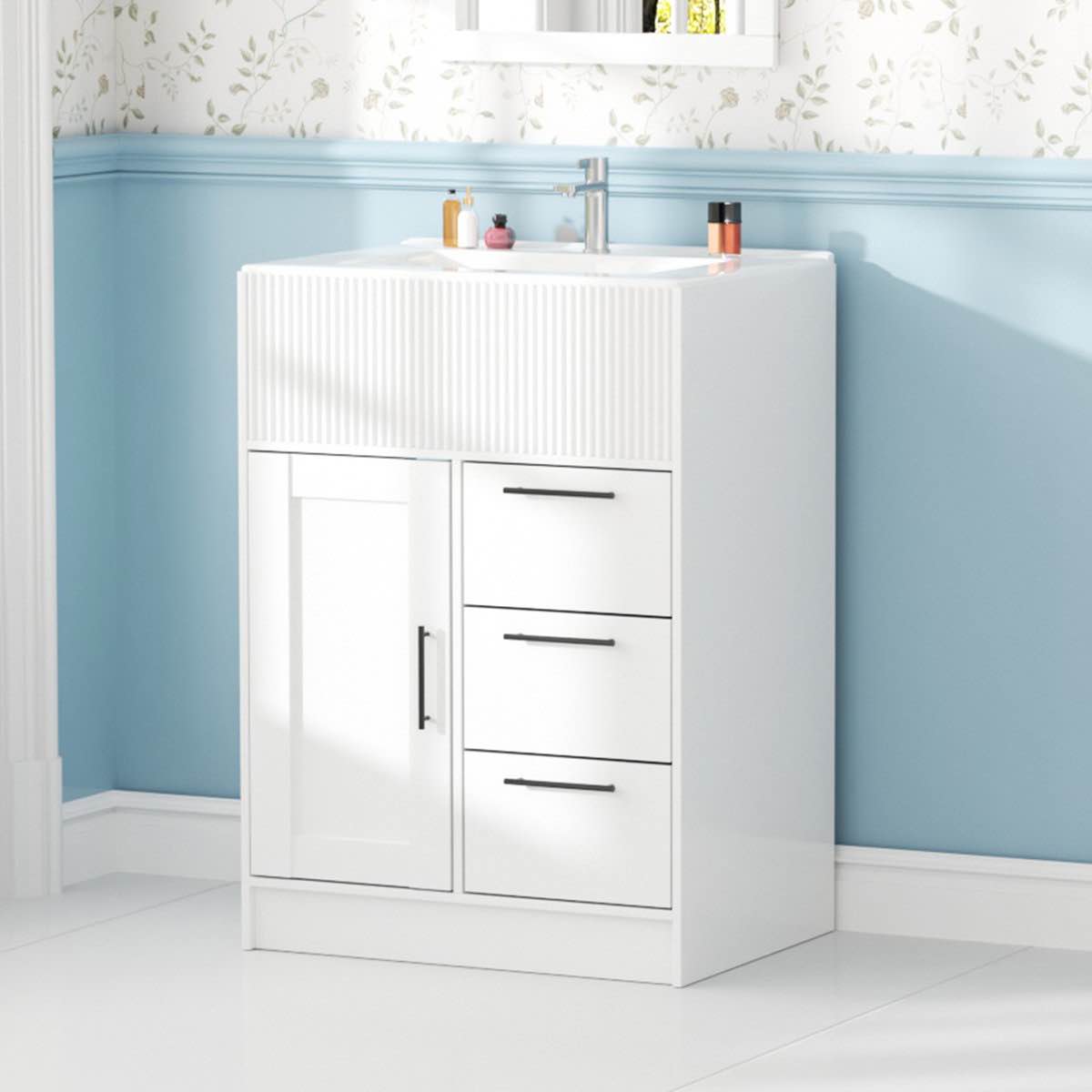 Condition photo showing New/Like New for 24" modern white freestanding single sink bathroom vanity with storage by wade logan® (sink top not included)