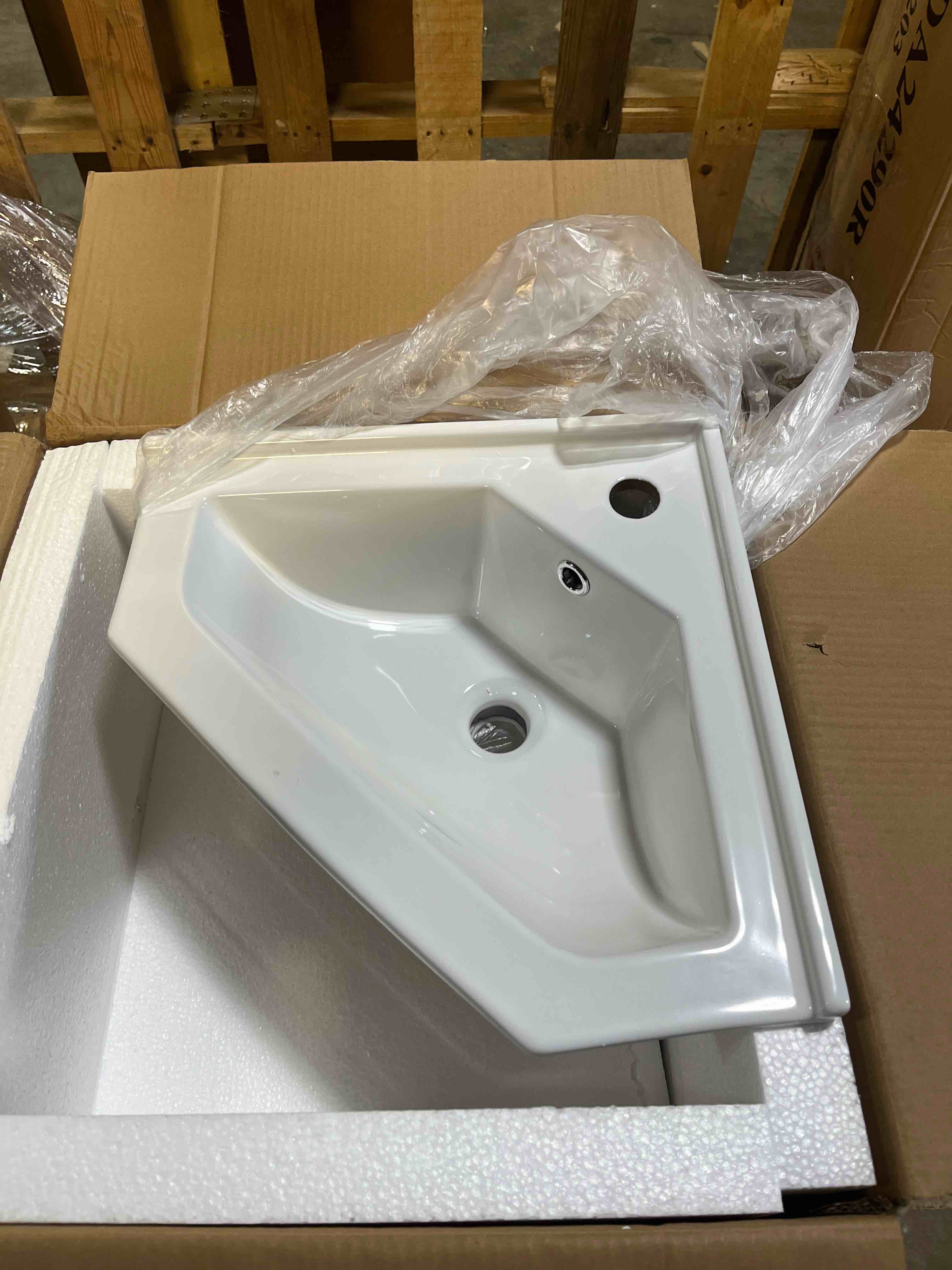Condition photo showing Good Condition for corner bathroom vanity sink top 24", wall mount floating for small bathroom, white ceramic top (faucet not included) (flat panel)