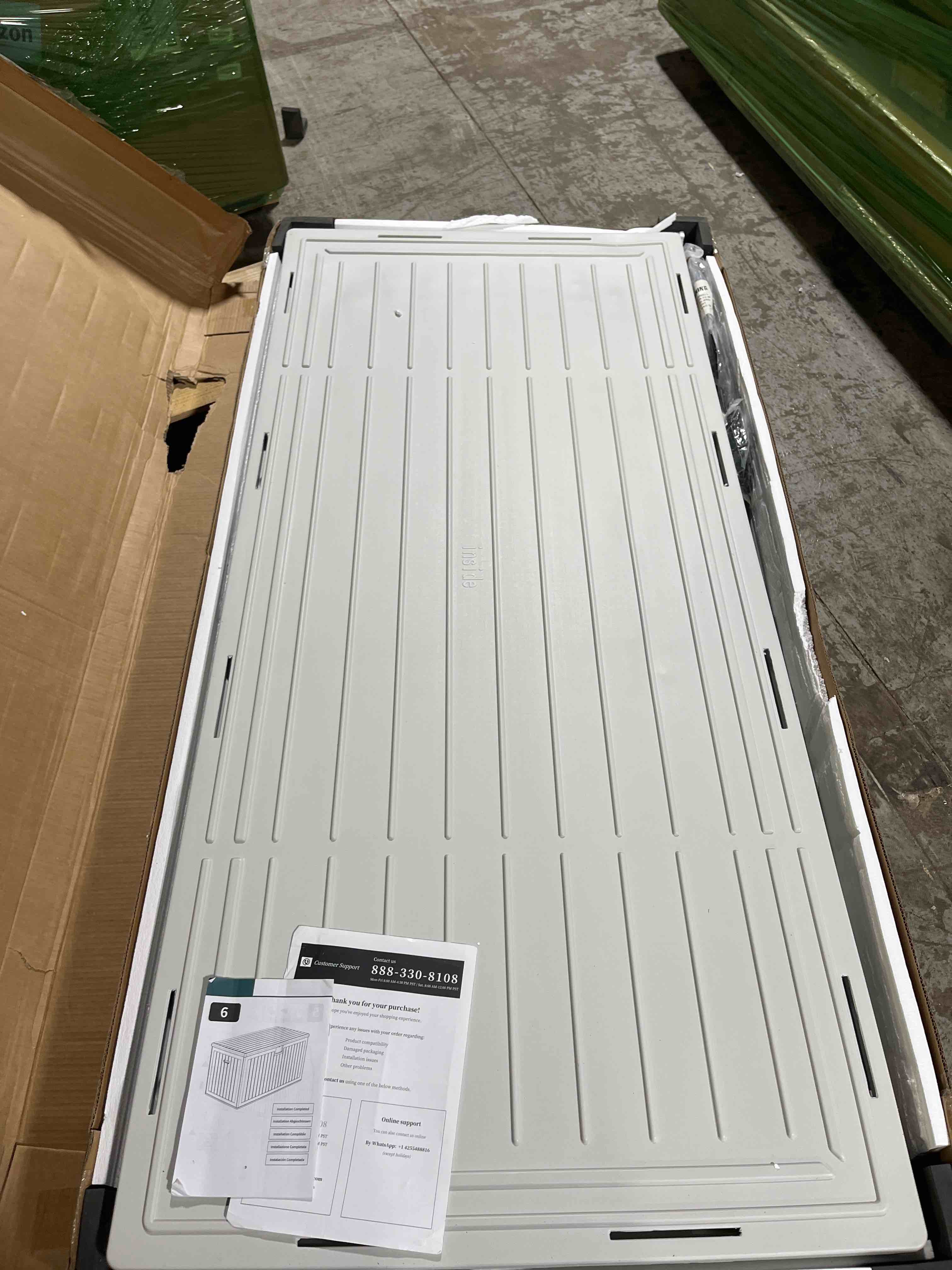 Condition photo showing New/Like New for yitahome xxl 230 gallon large deck box,outdoor storage for patio furniture cushions,garden tools and pool toys with flexible divider,waterproof,lockable (grayish-white)