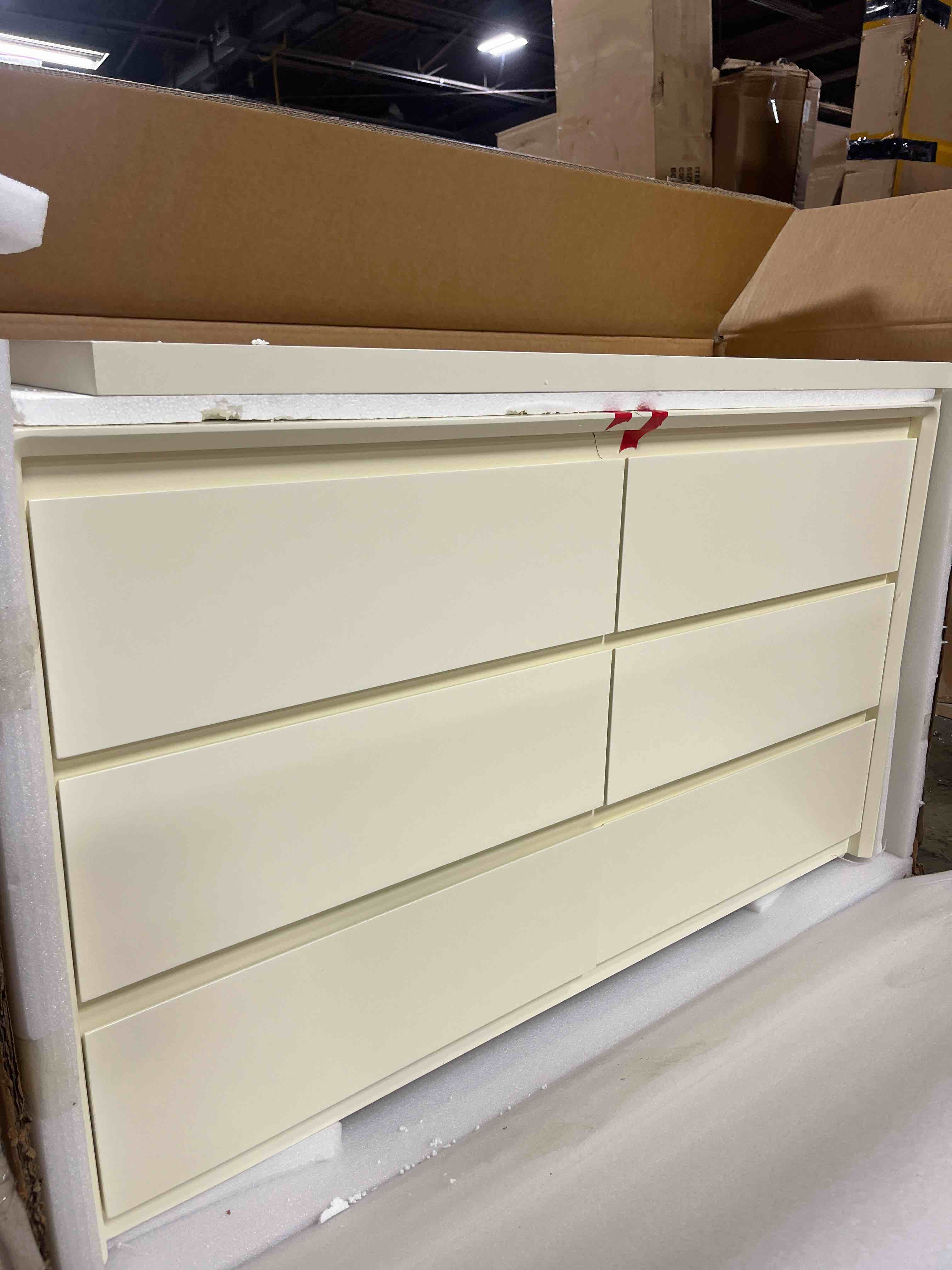 Condition photo showing As Is for scandinavian 6 drawer dresser, white