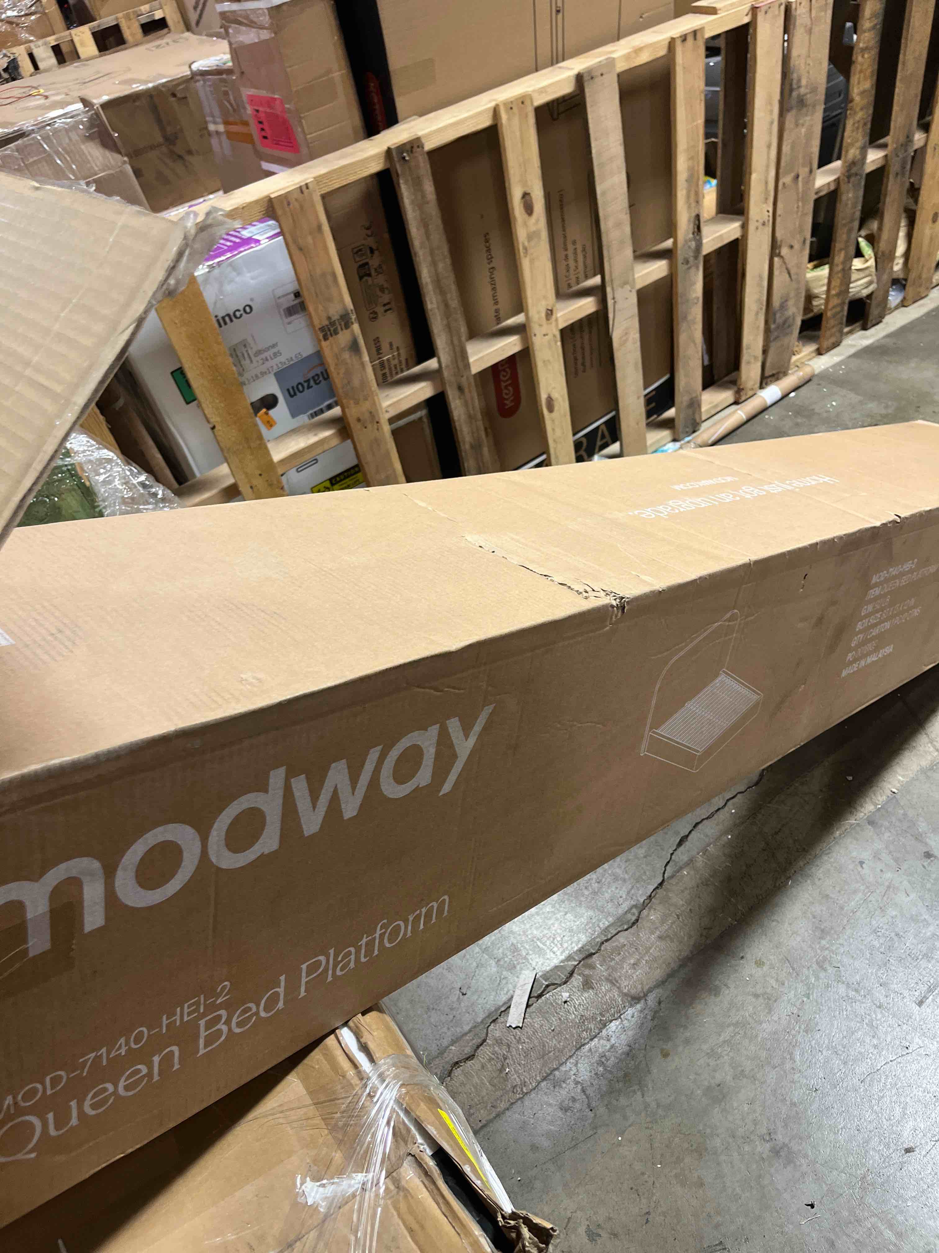 Condition photo showing New/Like New for modway keynote modern queen bed frame with curve shaped headboard in heathered weave ivory, woven heathered fabric upholstery, queen size platform bed, soft cloud bed frame, no box spring needed