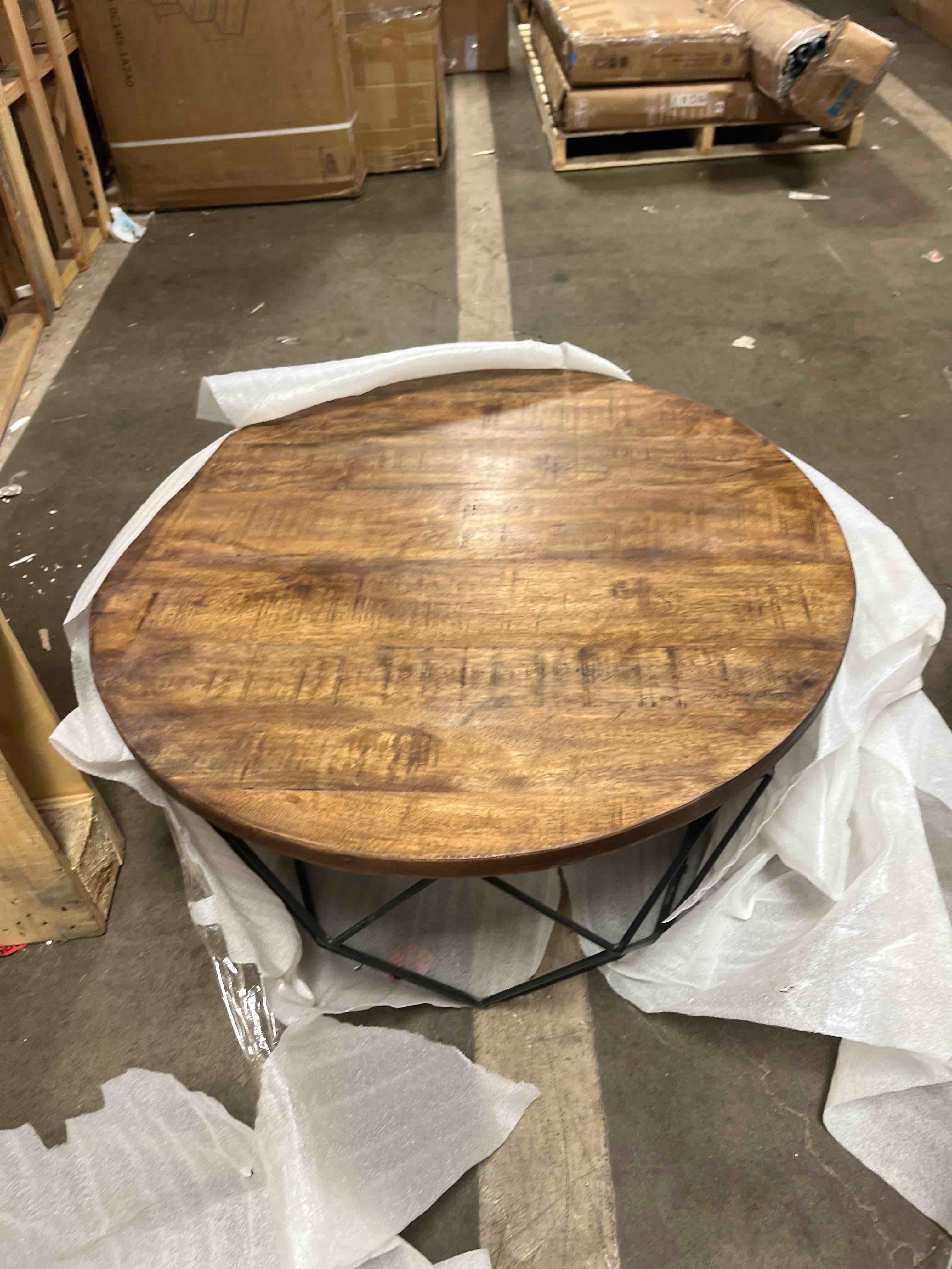 Condition photo showing New/Like New for vasagle round coffee table for living room, cage cocktail table with steel frame, 31.5 inches dia., industrial style, rustic brown and black ulct040b01