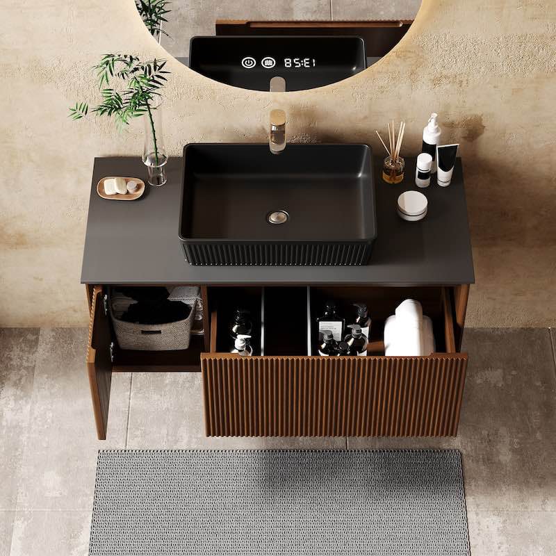 Condition photo showing Good Condition for modern 36" single bathroom vanities with single sink,floating vanitiy with sintered stone table top - brown wood (sink top not included)