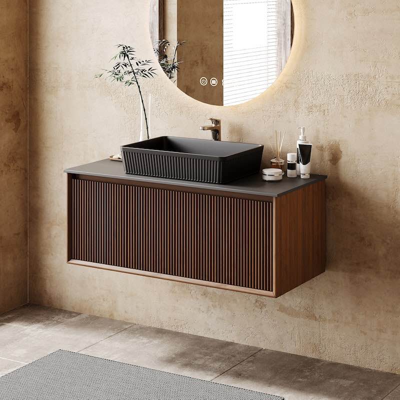 modern 36" single bathroom vanities with single sink,floating vanitiy with sintered stone table top - brown wood (sink top not included)