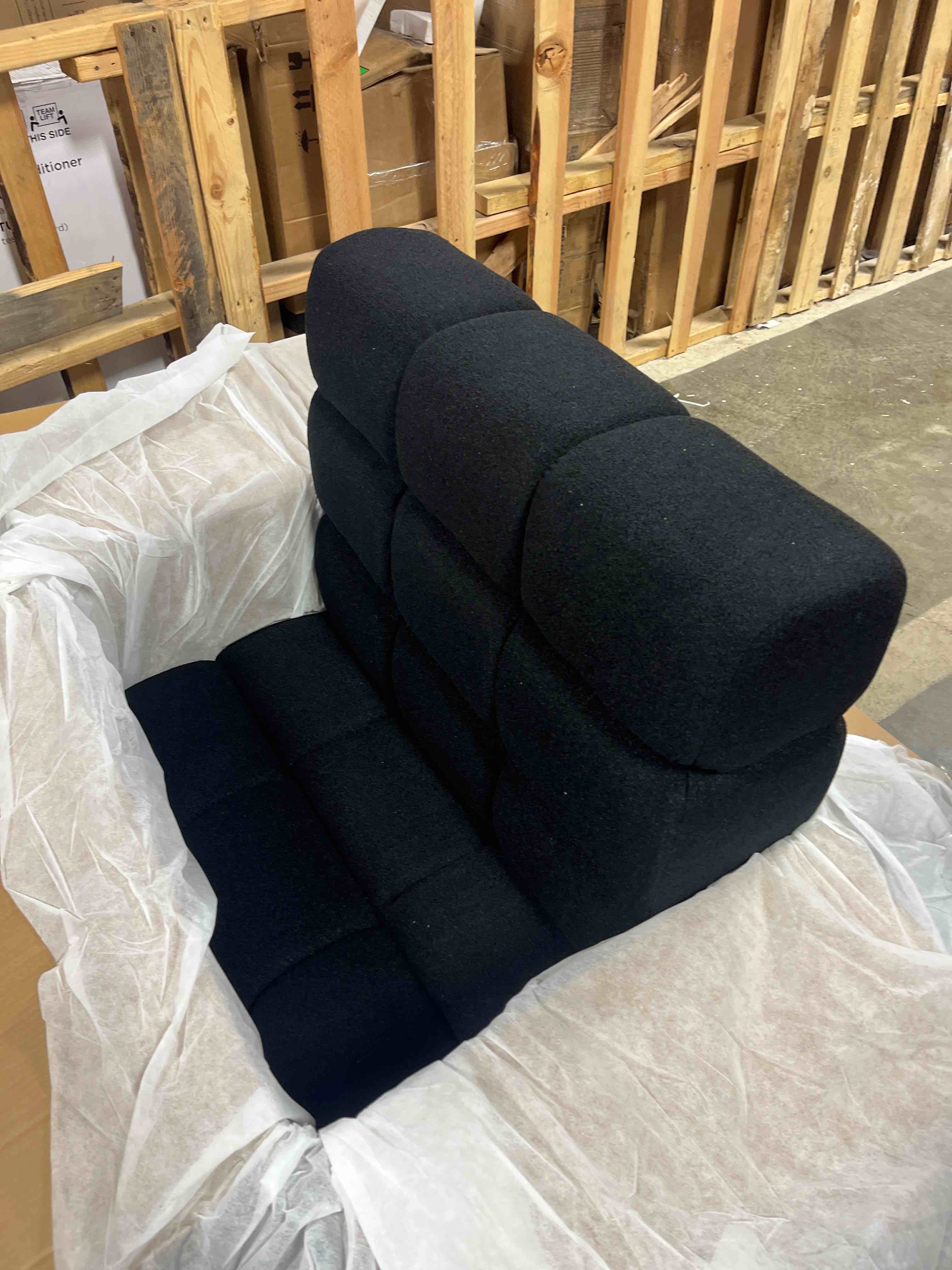 Condition photo showing As Is for 86.5” boucle sofa, modern large tufted 3 seater sofa couch with 2 pillows, comfy marshmallow sectional couches for living room, bedroom, apartment(black)