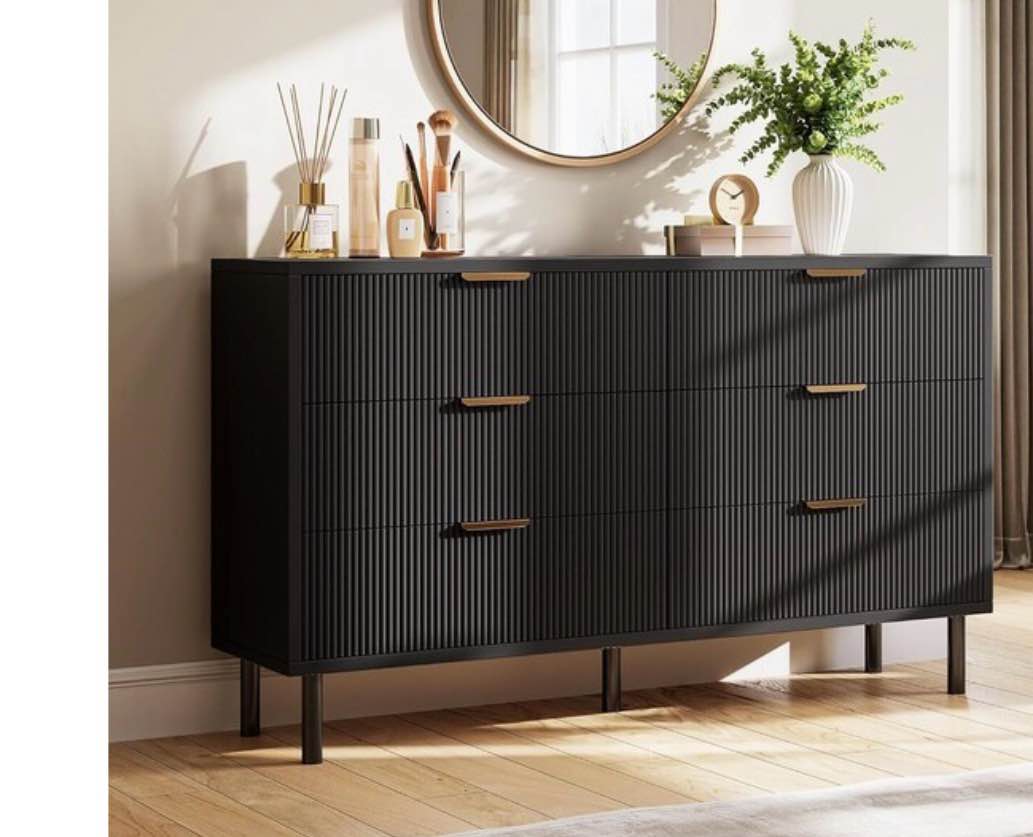 Garvee 6 Drawer Dresser with Wave Design & Metal Legs – Modern Wood Chest of Drawers for Bedroom, Living Room, or Hallway, BLACK