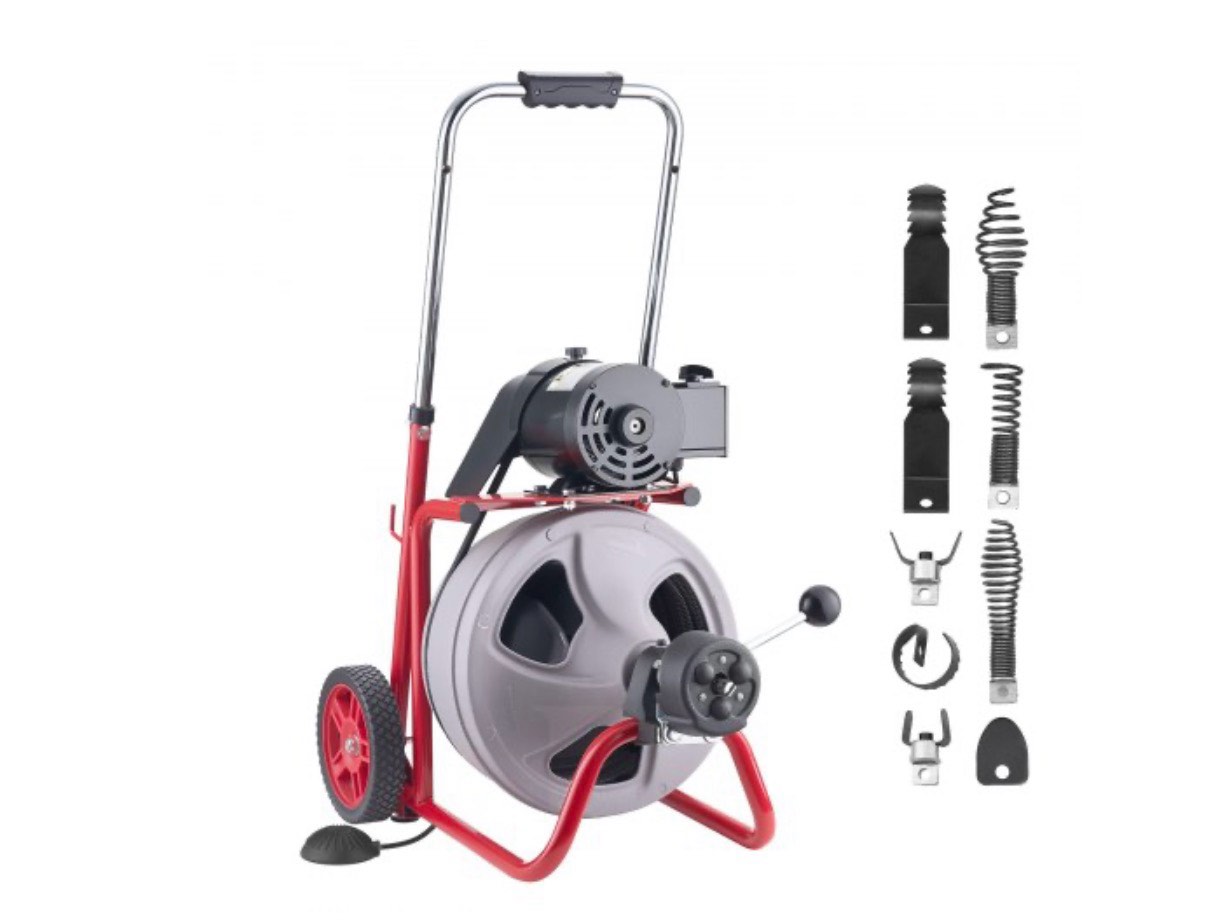 vevor drain cleaner machine 75 ft x 3/8 inch, auto feed sewer snake drain auger on wheels, portable drain cleaning machine with 8 cutters & air-activated foot switch for 2" to 4" pipes