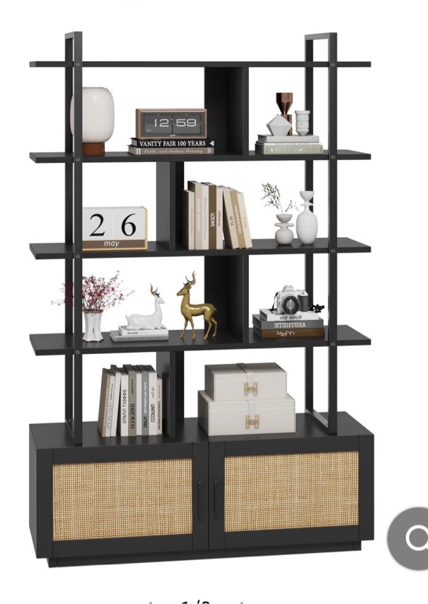 Garvee 5 Tier Rattan Bookshelf with Storage Cabinet & Door, 71.1 Inch Tall Industrial Book Shelf, Metal Frame, Anti-Tipping, Easy Assembly