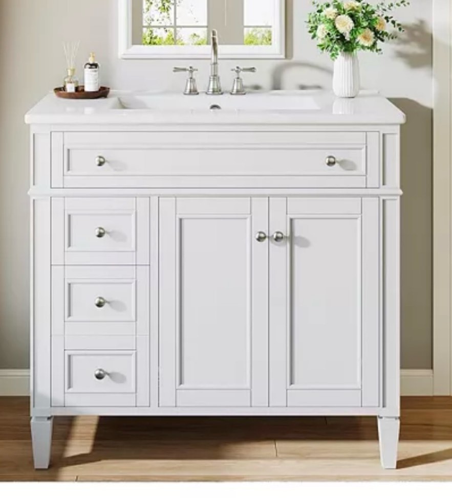 36" Rubberwood And MDF Solid Wood Frame 4 Drawers & 2 Doors Bathroom Vanity with Sink