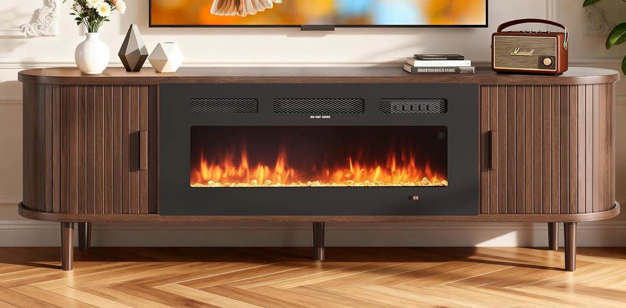 MXV 70? Fluted Fireplace TV Stand, Mid Century Modern TV Stand with 36? Fireplace for TVs Up to 80", Entertainment Center with Sliding Door & Solid Wood Legs, for Living Room, ( One in stock is WHITE, Has some Chipping on some woods) 2 BOXES TOTAL