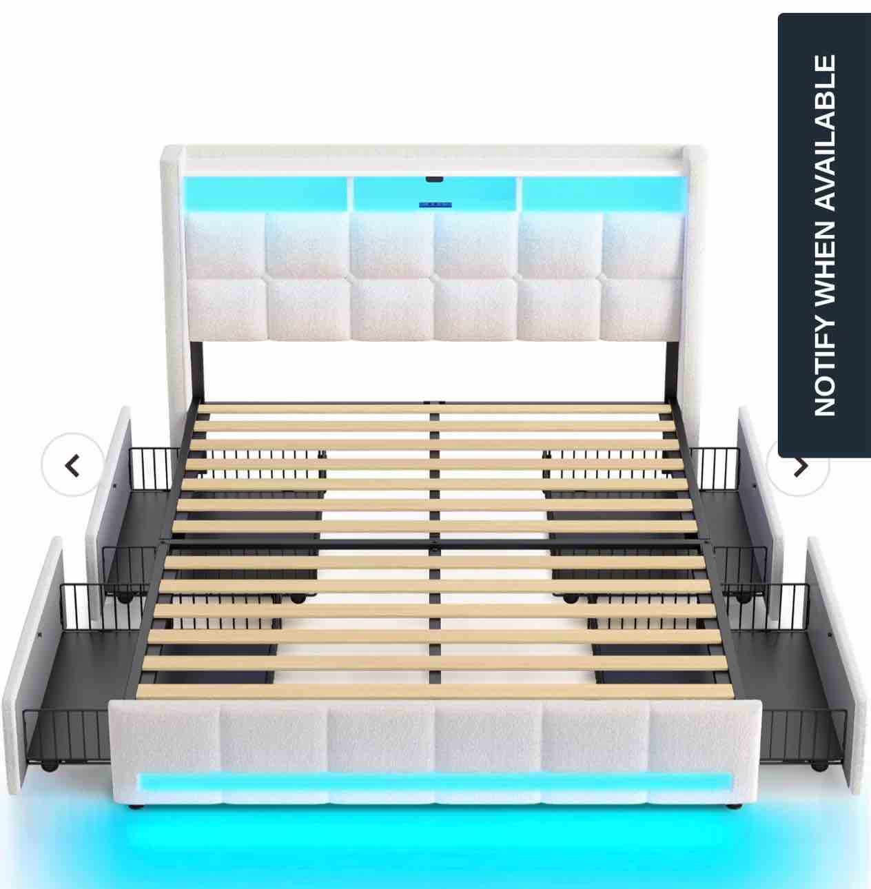 Rolanstar Full Size Bed Frame with LED Lights and Charging Station, Upholstered Bed Storage Headboard & Drawers, Heavy Duty Wood Slats, Easy Assembly, White