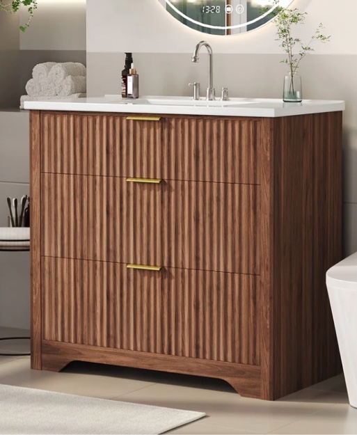 Garvee 36" Grille Style Freestanding Bathroom Vanity with Sink and 2 Drawers for Bathroom, Walnut