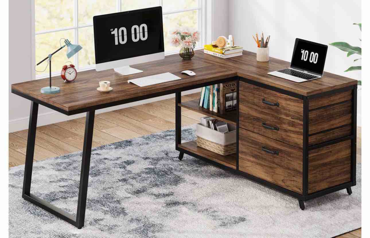 53" Reversible L-Shaped Computer Desk With 3 Drawers & Shelves