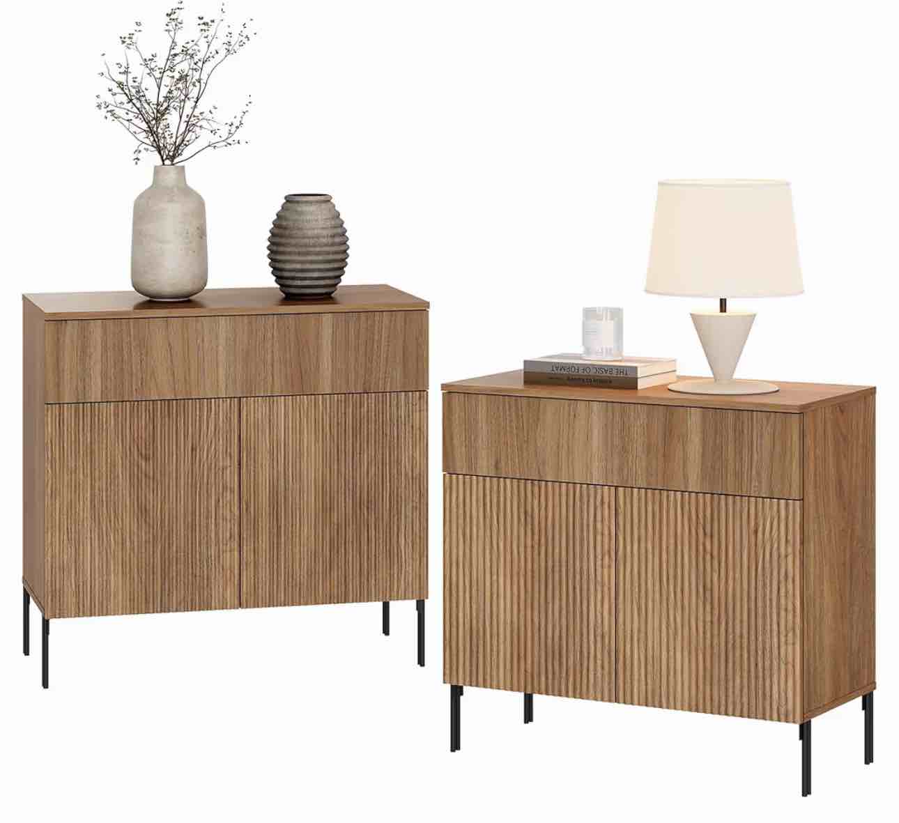 wampat fluted nightstand set of 2, 31.5" wide modern end table with 2 doors, wooden bedside table with storage, night stand sofa table side table with hidden handles for bedroom, light walnut