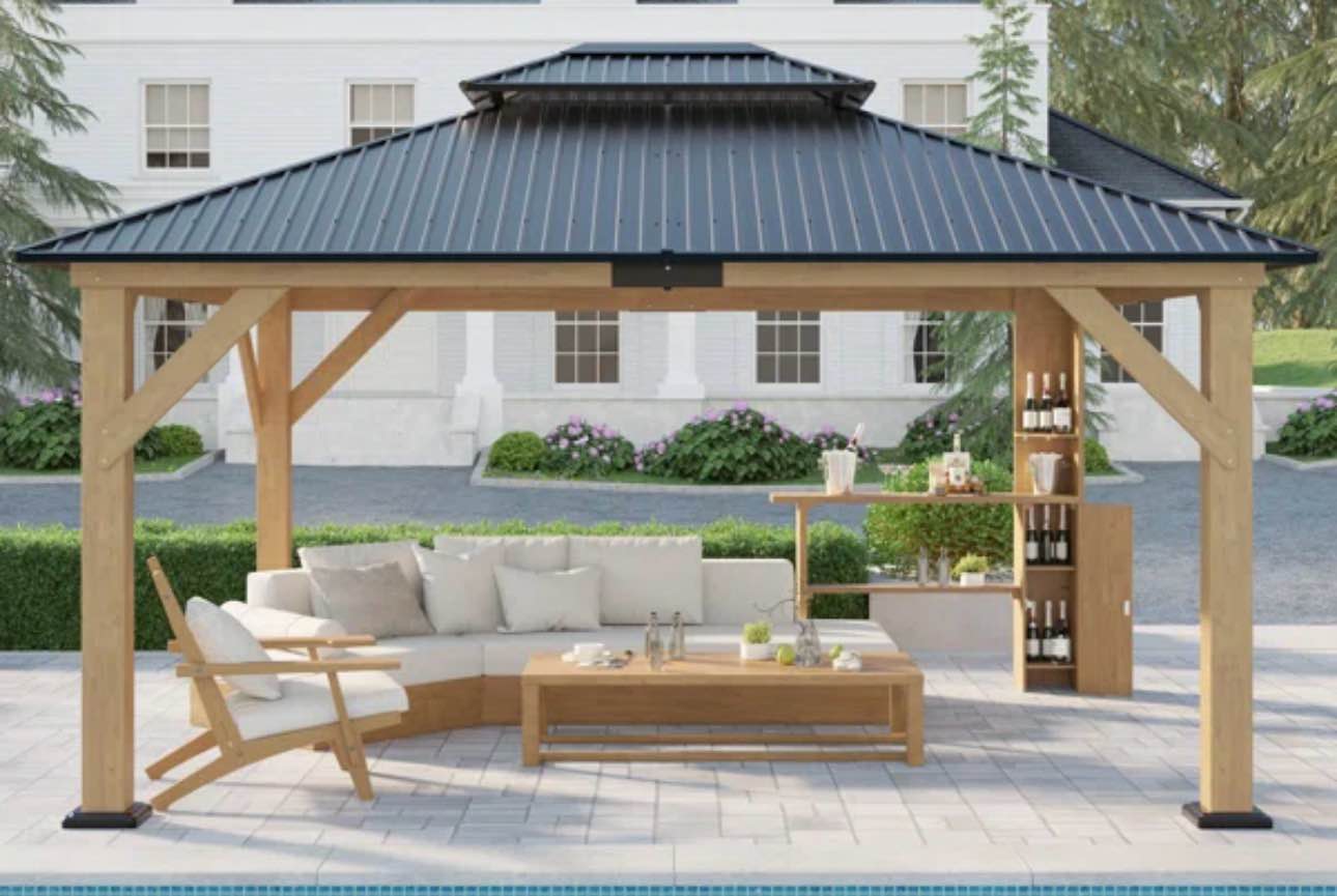 Sophiyah 13 x 15 Wood Gazebo Hardtop Gazebo with Iron Roof Double Roof Grill ( 1 BOX ONLY)