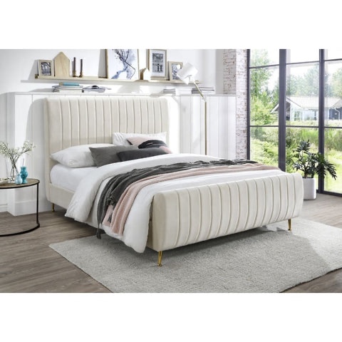 Meridian Furniture Full Size Zara Line Tufted Velvet Bed in Cream. 3 Boxes Total