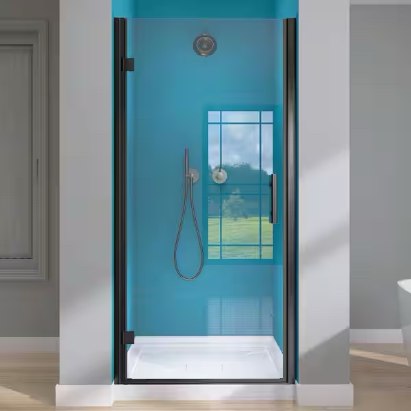 34in. W x 72 in. H Semi-Frameless Pivot Swing Shower Door in Matte Black with 1/4 in. Tempered Glass. Left Hinged