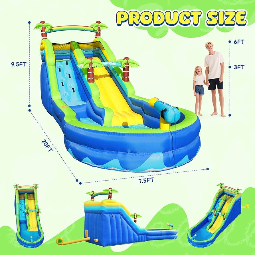 Tropical Water Slide for Kids & Adults with Blower (20x7.5x9.5FT), Includes Climbing Wall, Double Slide. 246"L x 90"W x 114"H