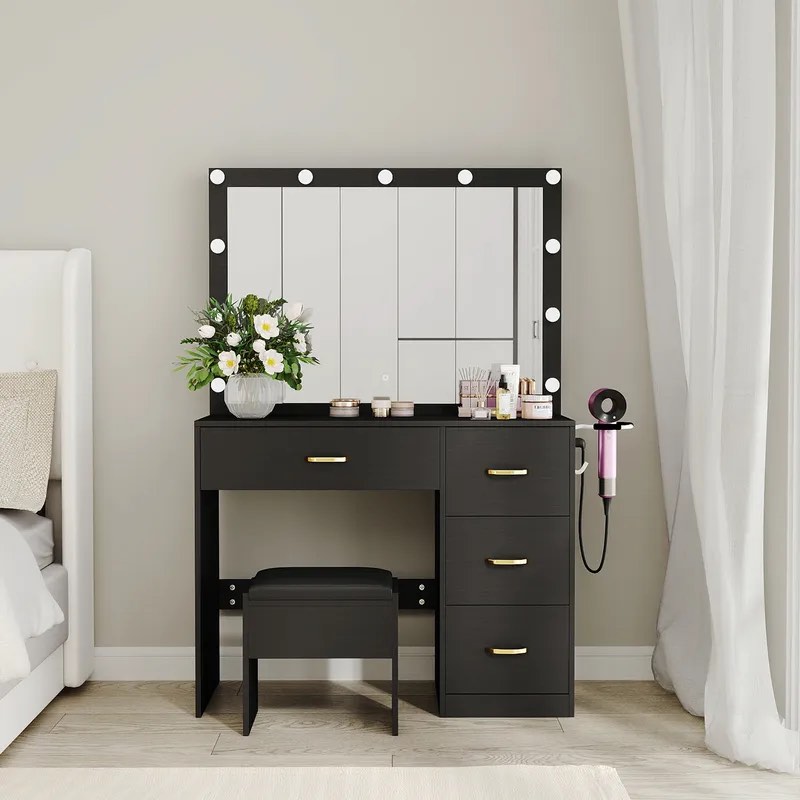Modern 35" Makeup Vanity Table with Lighted Mirror and Cushion Stool
