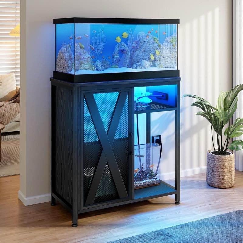 20-29 Gallon Aquarium Stand with Power Outlets & LED Light Metal Fish Tank Stand