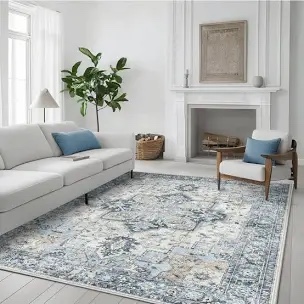 8’X10’ Roehit Oriental Performance Machine Washable Blue / Ivory Area Rug