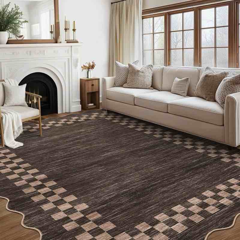 6’X9’ Scalloped Area Rugs Modern Bordered Accent Carpet, Non-Slip Geometric Floor Cover, Stain-Resistant Low Pile Indoor Mat