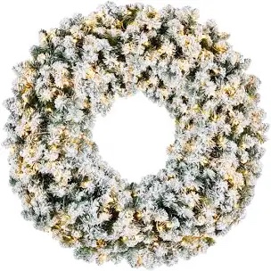 60In Artificial Pre-Lit Flocked Fir Christmas Wreath Decoration W/ 30