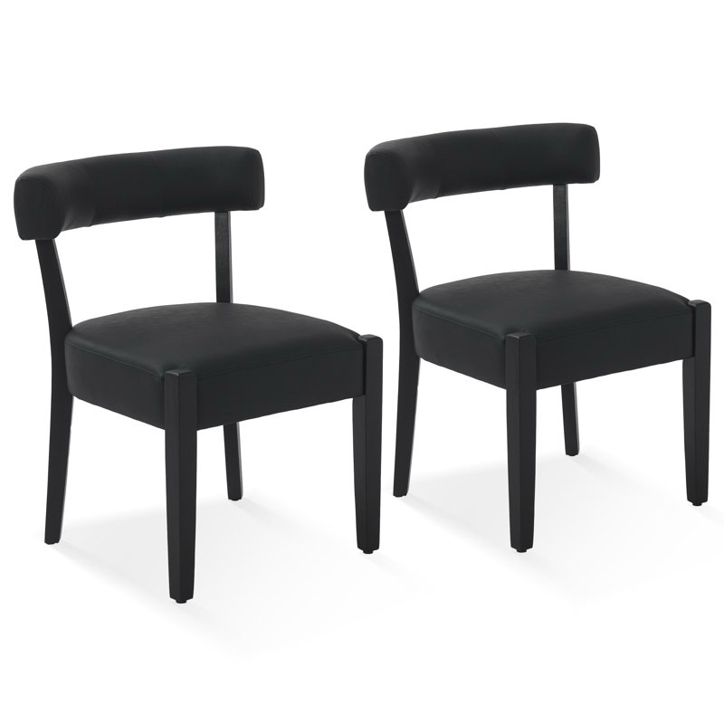 Mid-Century Modern Upholstered Black Faux Leather Dining Chairs Wood Frame Kitchen Chairs
