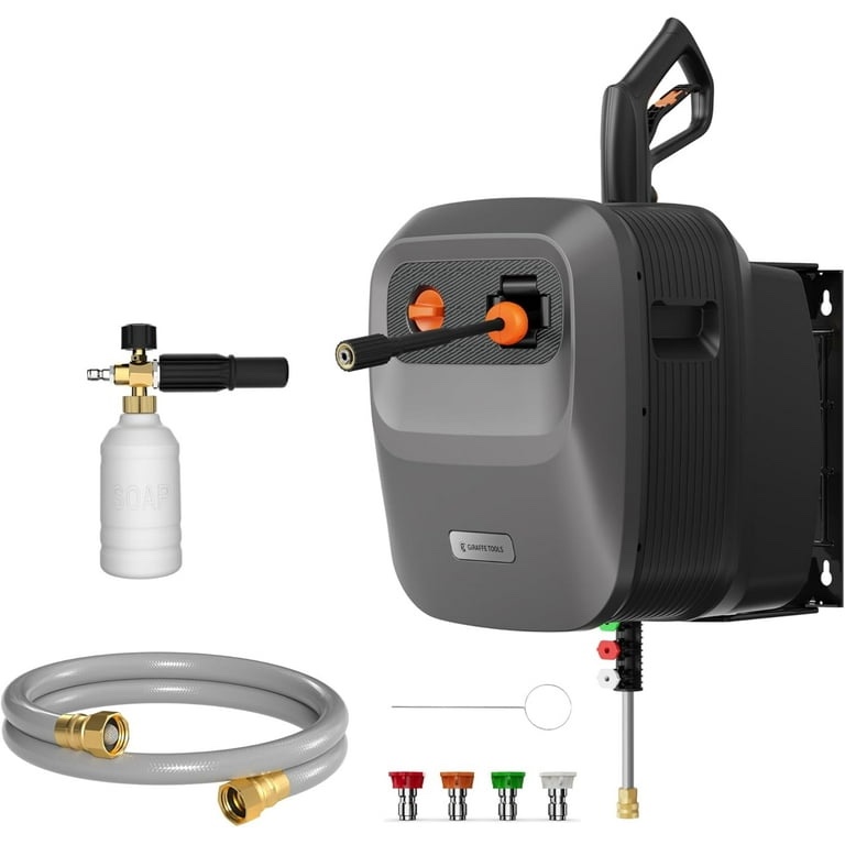 Giraffe Tools Max 2500 PSI Grandfalls Pressure Washer G20BPRO with 65ft Retractable Hose, Wall-Mount, Bach