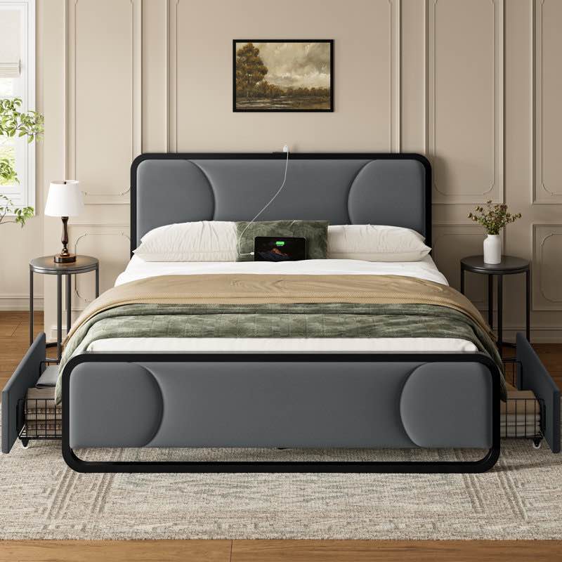 Queen Upholstered Platform Bed with 2 Storage Drawers, Modern Bed Frame with Charging Station, Storage Bed with Velvet Tufted Headboard, No Spring Boxing Needed