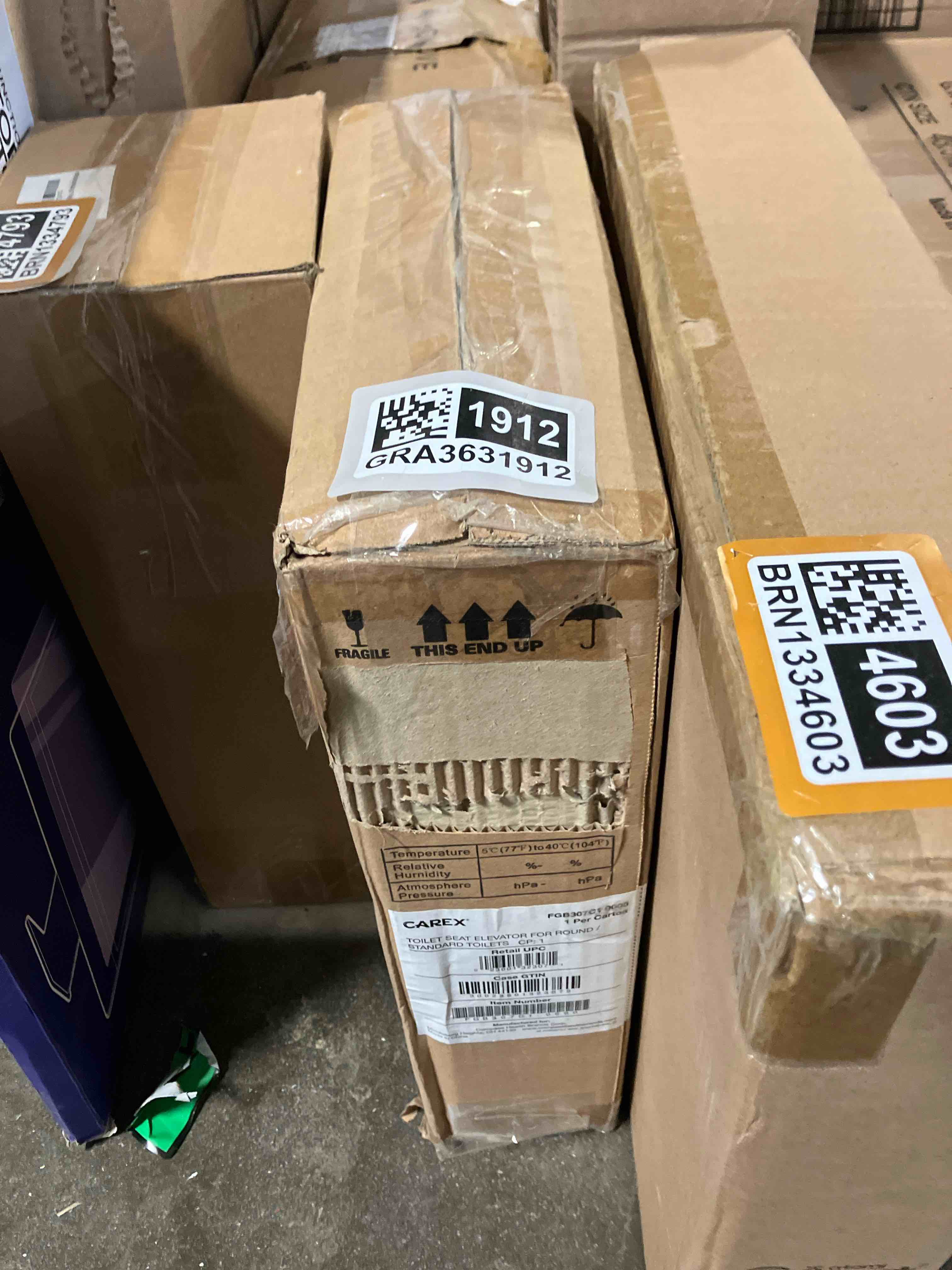 Condition photo showing New/Like New for Carex Toilet Seat Riser, Round Raised Toilet Seat Adds 3.5 inches to Toilet Height, for Assistance Bending or Sitting, 300 Pound Weight Capacity Toilet Riser