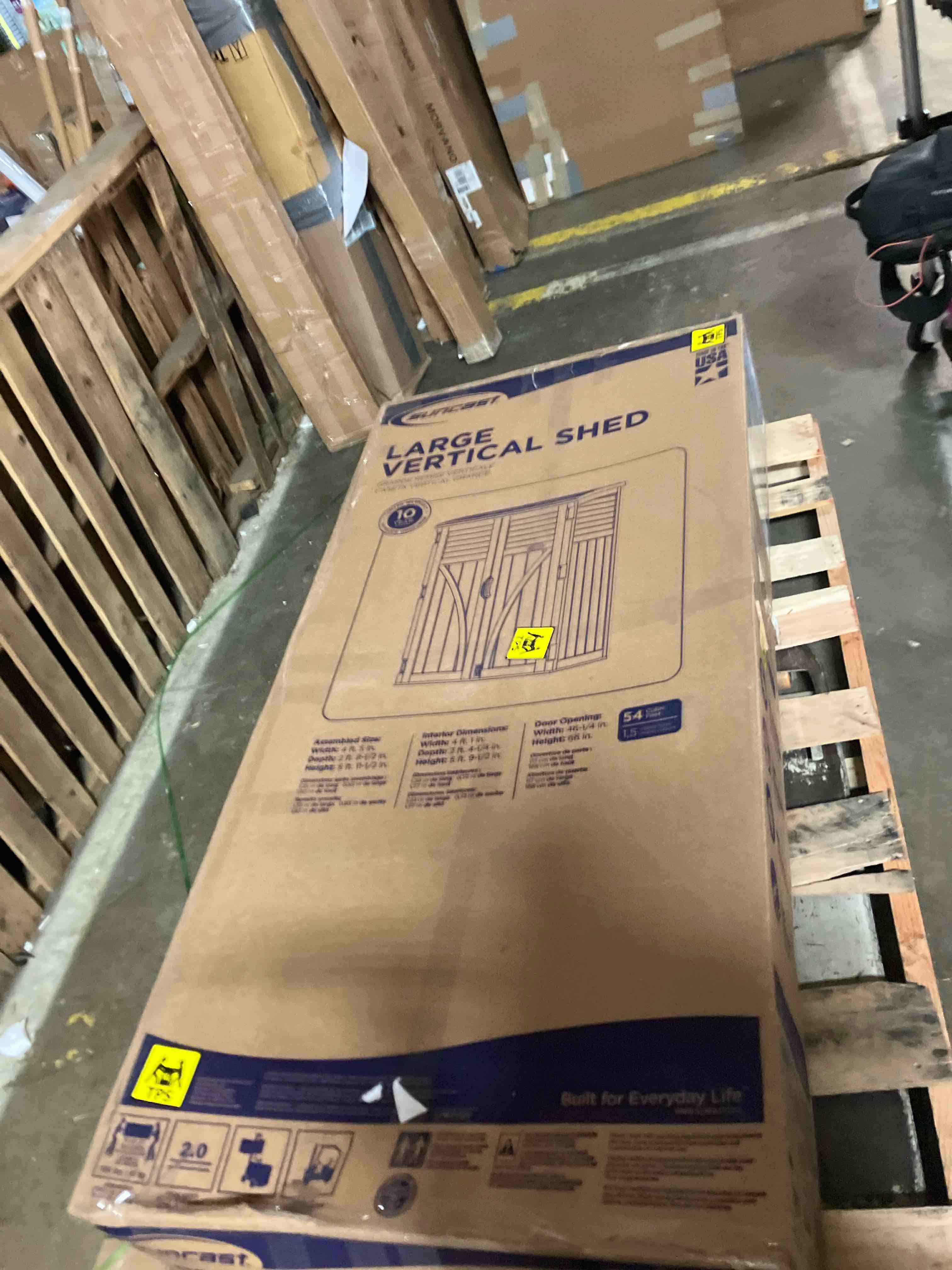 Condition photo showing New/Like New for Suncast Outdoor Storage Cabinet Waterproof Resin Vertical Outdoor Storage Shed (54 cu. ft.) for Patio, Garden Tools, Cushions, & Equipment. Weatherproof Plastic Multi-Wall Design, Capacity Made in USA