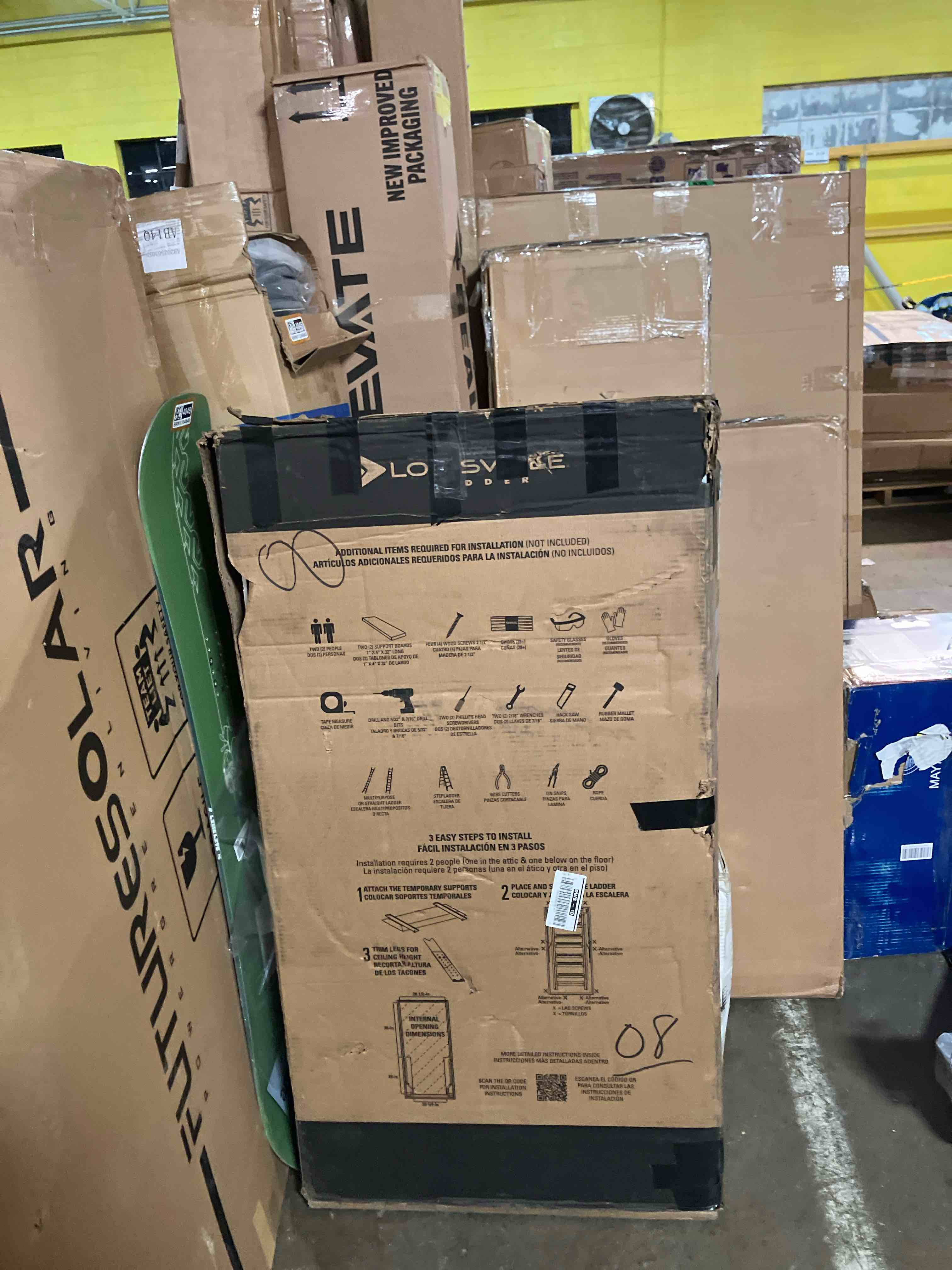 Condition photo showing Good Condition for Aluminum Attic Ladder Pull Down Loft Stairs Folding Ceiling Ladder for Attic Access Door, Manual Lifting, for 7'8"-10'3" Ceiling Height, 22 1/2" x 54", 375 lbs Capacity