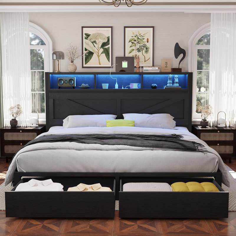 Farmhouse Bed Frame with LED Charged Bookcase Headboard and Storage Drawers, No Box Spring Needed King