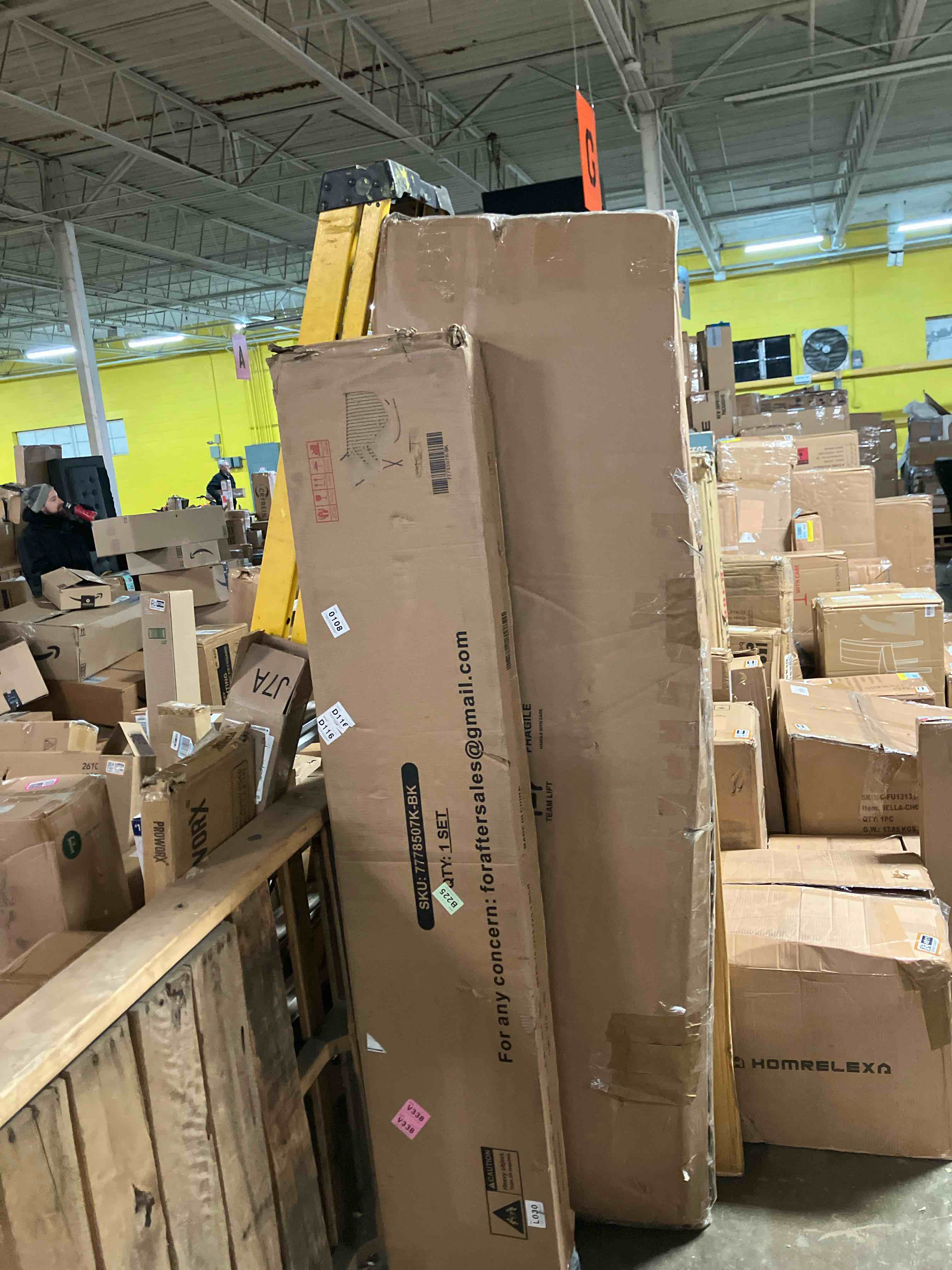 Condition photo showing Good Condition for Farmhouse Bed Frame with LED Charged Bookcase Headboard and Storage Drawers, No Box Spring Needed King