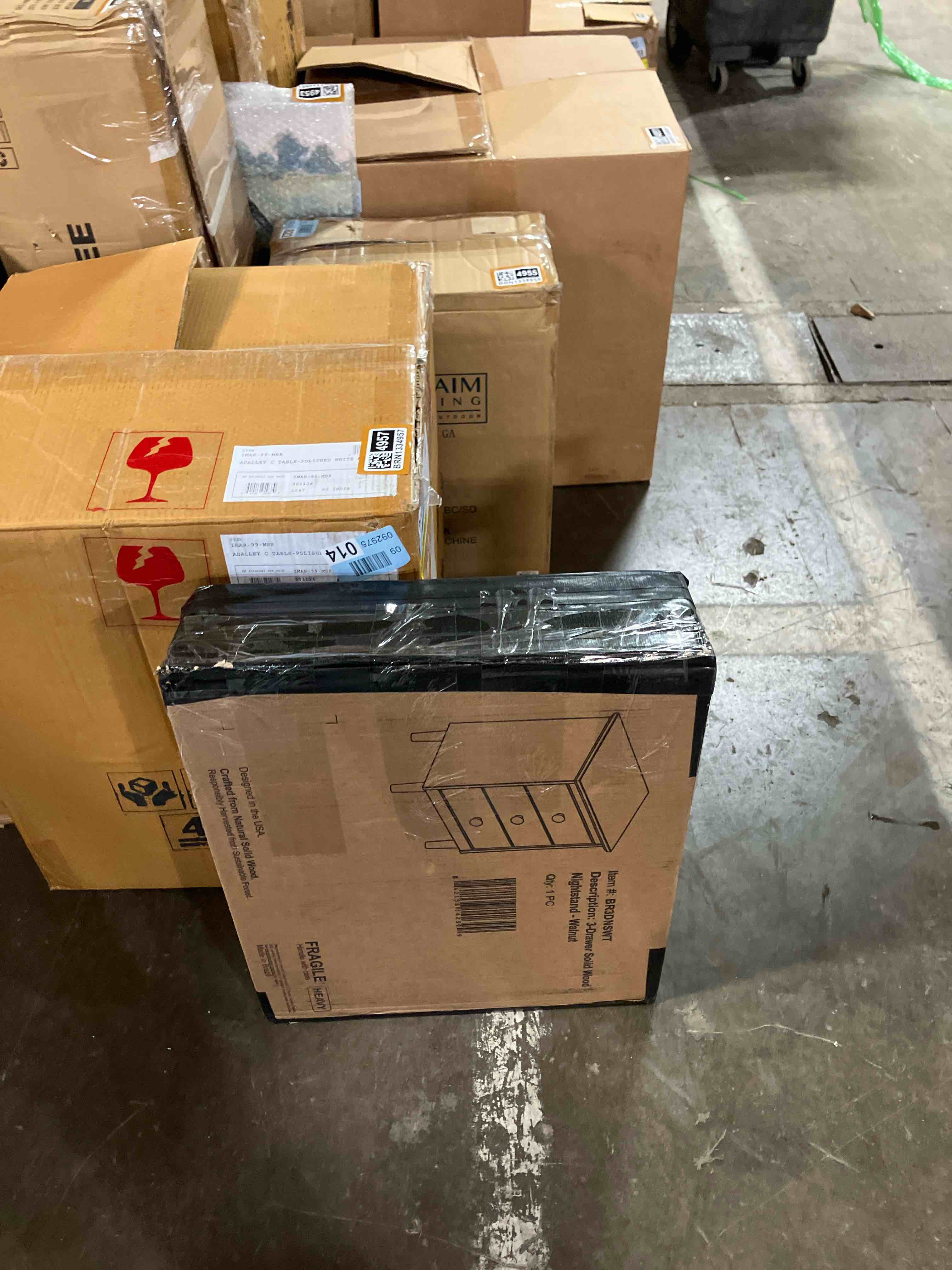 Condition photo showing New/Like New for Walker Edison Traditional Wood 3 Drawer Nightstand Side Table Bedroom Storage Drawer and Shelf Bedside End Table, 18 Inch, Walnut 3 Drawers Walnut Solid