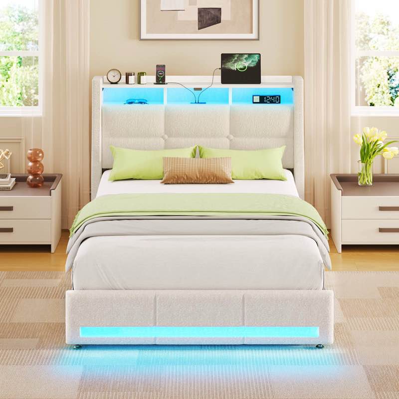 Upholstered Platform Bed Frame with Wingback Headboard, LED Lights & Built-in Outlets, LED & Open Storage Twin