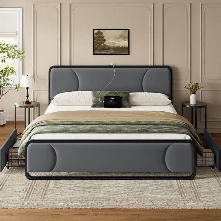 Upholstered Platform Bed with 2 Storage Drawers Modern Bed Frame with Charging Station Queen