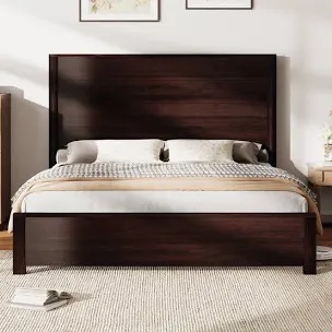 51.2" Solid Wood Bed Frame, Rustic Platform Bed With Spliced   Headboard King
