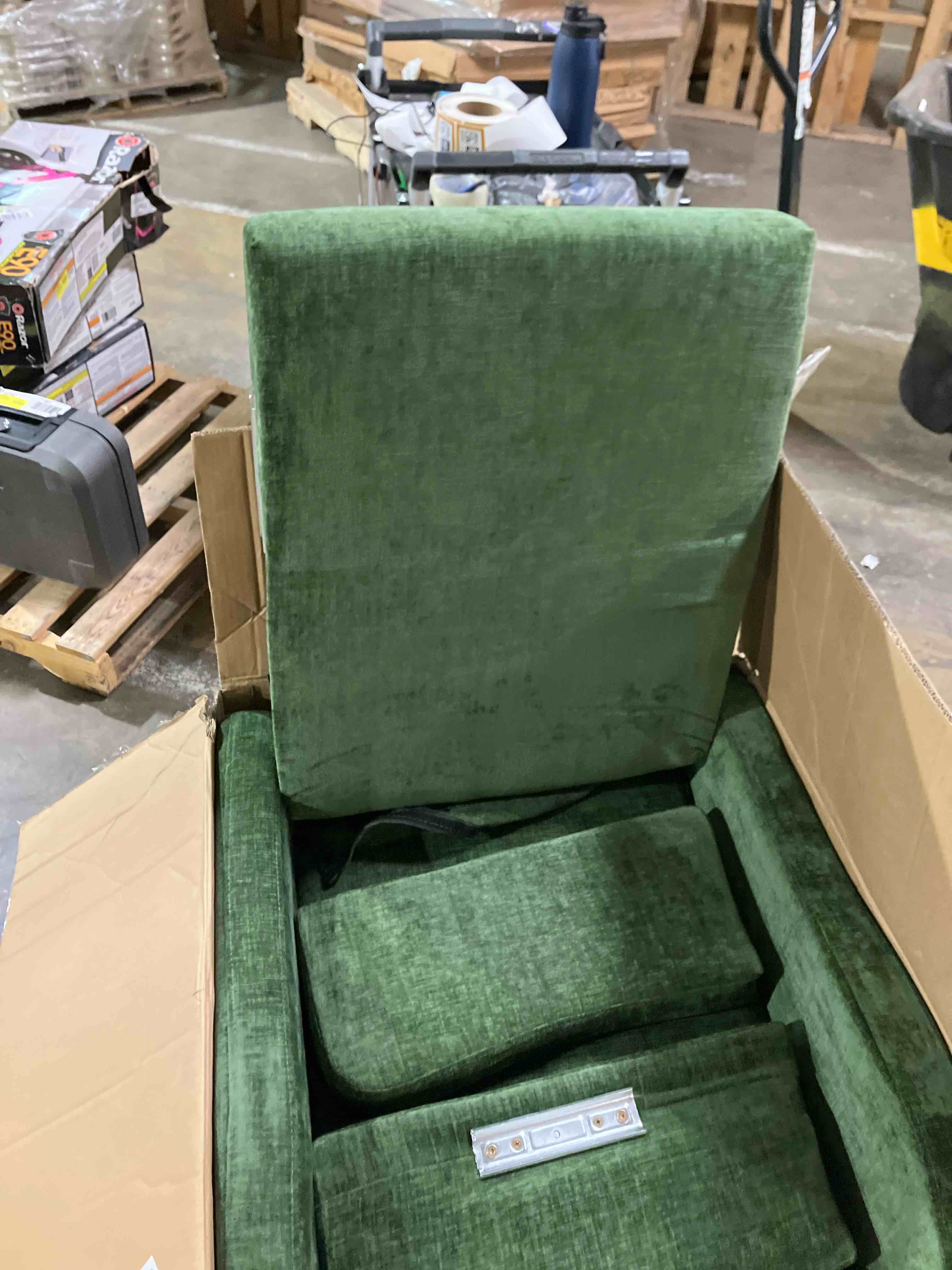 Condition photo showing New/Like New for Nursery Glider Recliner Chair for Adults, Modern Swivel Rocker Recliners with Footrest, Comfy Chenille Rocking Chair Nursery for Living Room, Bedroom, Green