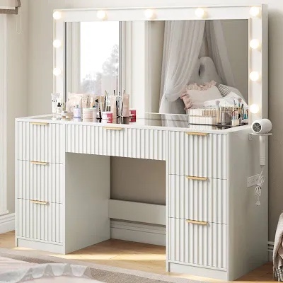 Dulane 47" Large Fluted Vanity Desk With Mirror & Adjustable
