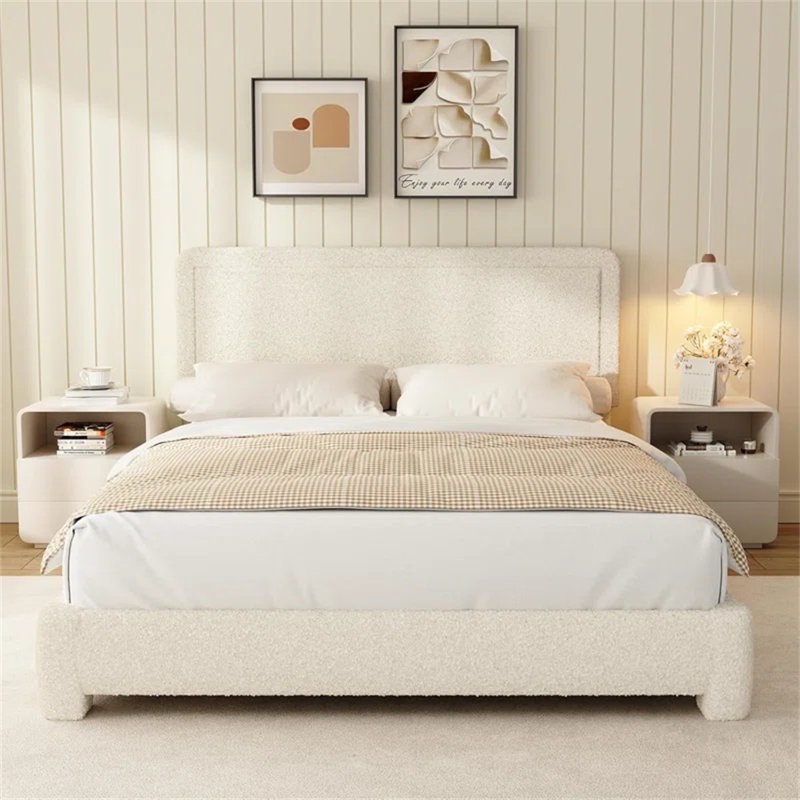 boucle bed frame, upholstered cloud bed frame, platform bed frame with headboard, modern cream bed frame
