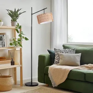 63.7" Arched/arc Rattan Floor Lamp With Bulb And Remote Control 