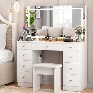greyden vanity set with led mirror & power outlets, 9 drawers 