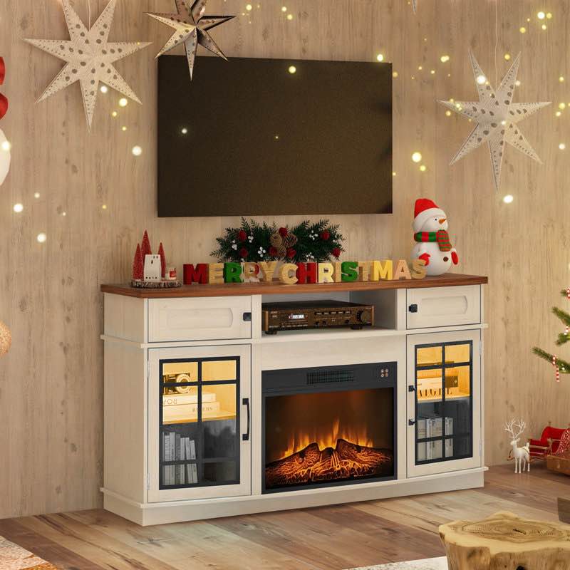 Curved Fireplace TV Stand with LED Light for TVs Up to 65", Entertainment Center, TV Stand with Glass Door Storage Cabinets & Open Shelves for Living Room(Does not come with 23” fireplace) 